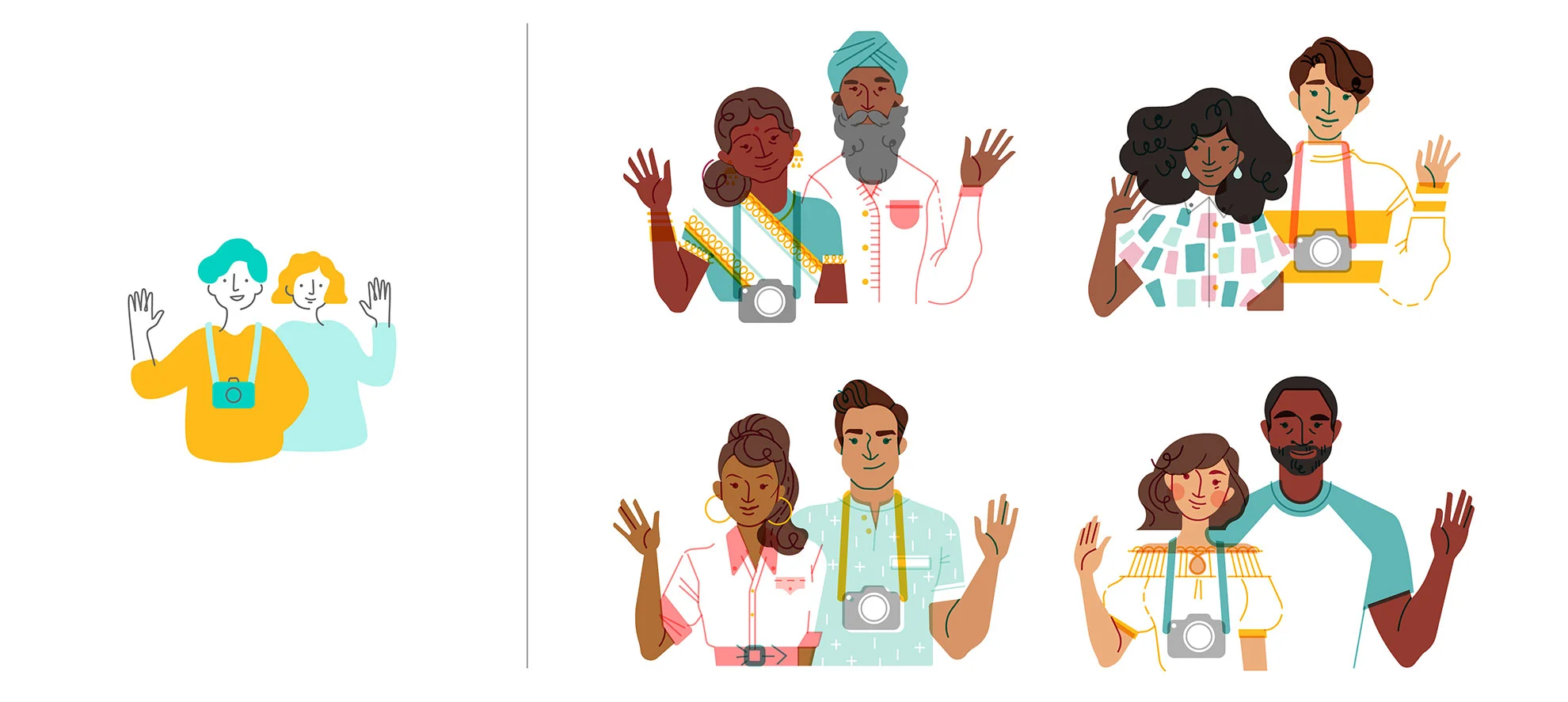 On the left, a previous Airbnb illustration style, where use of color and line imply a Caucasian character. On the right, characters created with Jennifer’s intentional approach to diversity. Sourced from Jennifer’s case study, Your Face Here